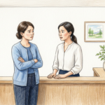 Hand-drawn illustration of two clinic staff members conferring at a reception counter