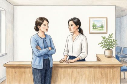 Hand-drawn illustration of two clinic staff members conferring at a reception counter