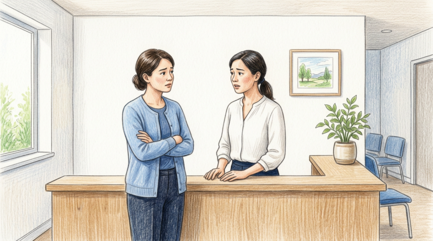 Hand-drawn illustration of two clinic staff members conferring at a reception counter