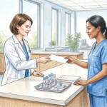 Hand-drawn illustration of a lab technician handing a paper test requisition across a clinical counter