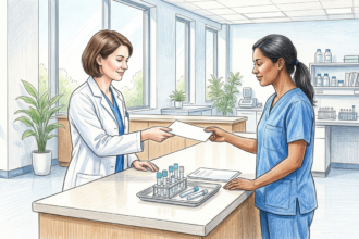 Hand-drawn illustration of a lab technician handing a paper test requisition across a clinical counter