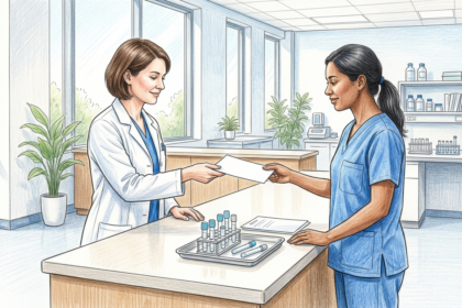 Hand-drawn illustration of a lab technician handing a paper test requisition across a clinical counter