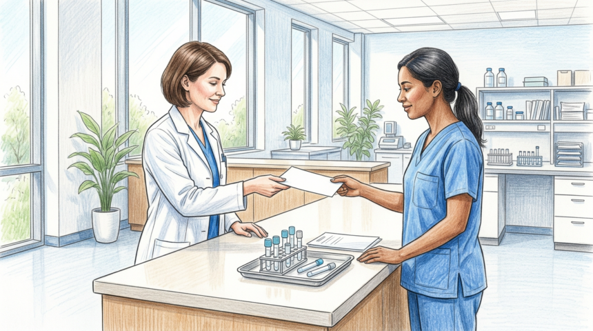 Hand-drawn illustration of a lab technician handing a paper test requisition across a clinical counter