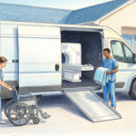 Hand-drawn illustration of a mobile medical imaging van with a scanner inside parked at a community clinic
