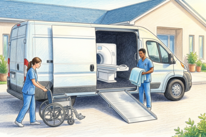 Hand-drawn illustration of a mobile medical imaging van with a scanner inside parked at a community clinic