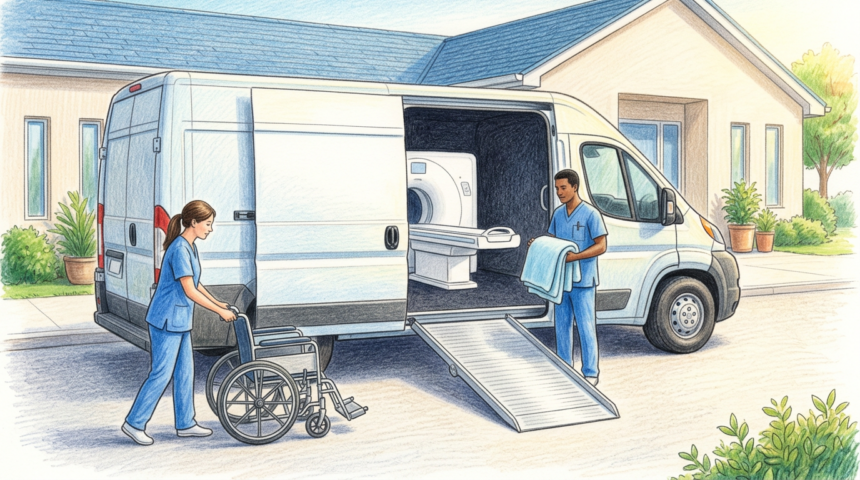 Hand-drawn illustration of a mobile medical imaging van with a scanner inside parked at a community clinic