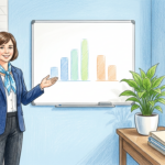 Hand-drawn illustration of a gastroenterology clinic administrator beside a board with abstract bar shapes