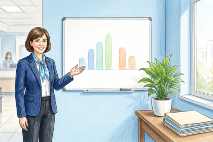 Hand-drawn illustration of a gastroenterology clinic administrator beside a board with abstract bar shapes
