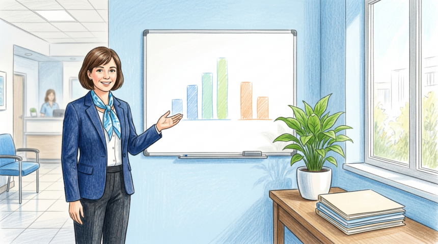 Hand-drawn illustration of a gastroenterology clinic administrator beside a board with abstract bar shapes