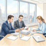 Hand-drawn illustration of attorneys and a compliance officer reviewing blank documents in a Manhattan conference room