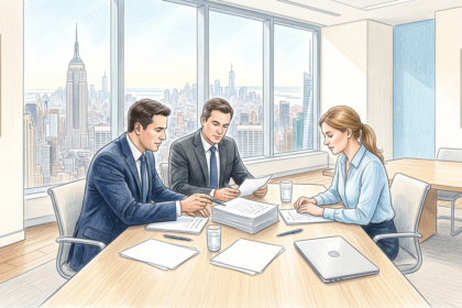 Hand-drawn illustration of attorneys and a compliance officer reviewing blank documents in a Manhattan conference room
