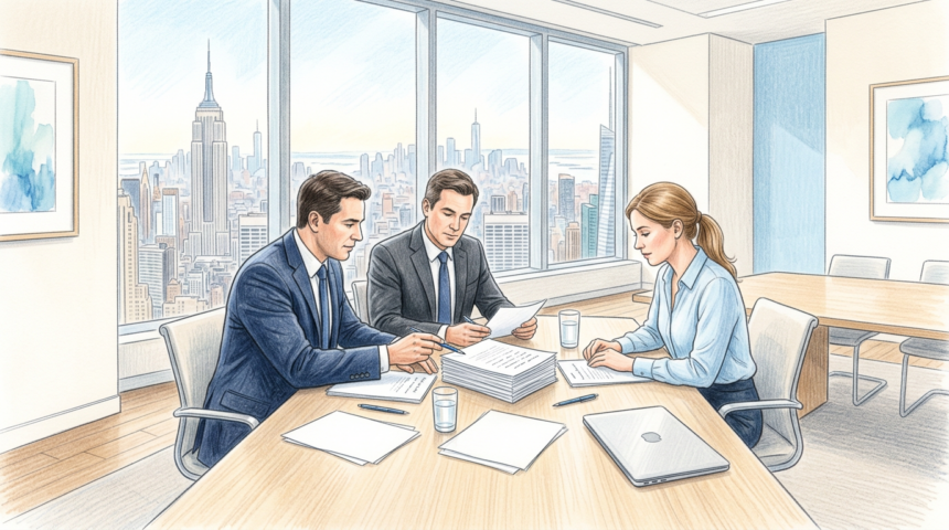 Hand-drawn illustration of attorneys and a compliance officer reviewing blank documents in a Manhattan conference room