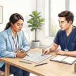 Hospital staff reviewing a printed patient spreadsheet in a bright medical office
