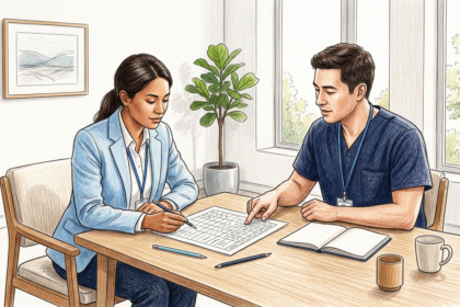 Hospital staff reviewing a printed patient spreadsheet in a bright medical office