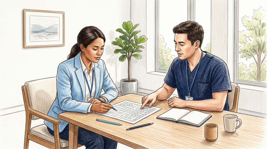 Hospital staff reviewing a printed patient spreadsheet in a bright medical office
