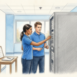 Clinical IT engineers working on a server rack in a bright hospital data room