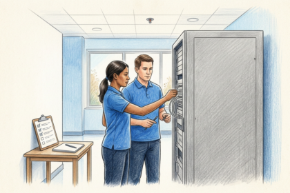 Clinical IT engineers working on a server rack in a bright hospital data room