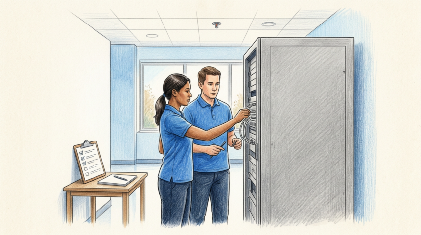 Clinical IT engineers working on a server rack in a bright hospital data room