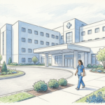 Exterior view of a large modern hospital medical center campus