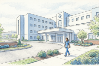 Exterior view of a large modern hospital medical center campus