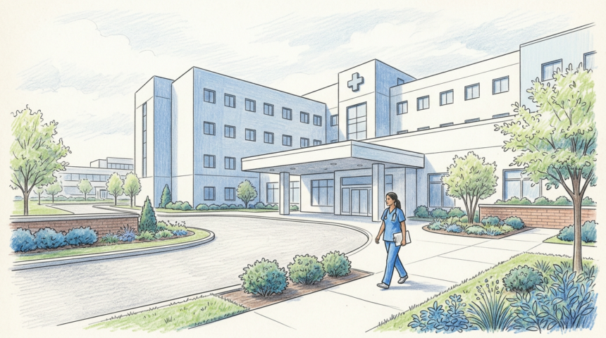 Exterior view of a large modern hospital medical center campus