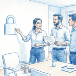 Hospital security team reviewing ransomware defenses in a bright conference room