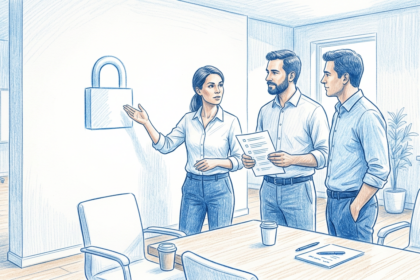 Hospital security team reviewing ransomware defenses in a bright conference room