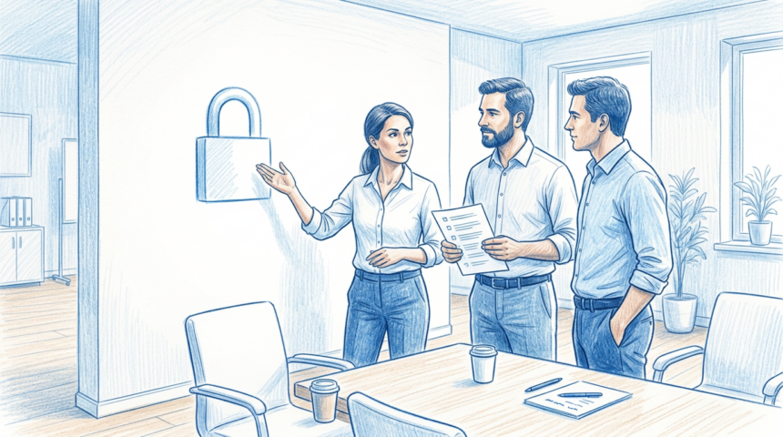 Hospital security team reviewing ransomware defenses in a bright conference room