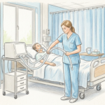 Respiratory therapist adjusting a breathing circuit in a bright hospital room