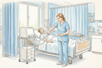 Respiratory therapist adjusting a breathing circuit in a bright hospital room
