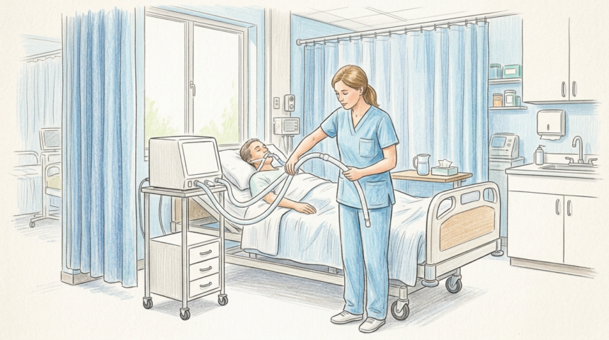 Respiratory therapist adjusting a breathing circuit in a bright hospital room