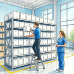Home health supply warehouse with workers stacking sealed medical supply cartons