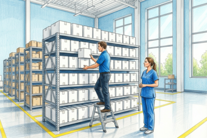 Home health supply warehouse with workers stacking sealed medical supply cartons