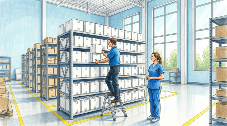 Home health supply warehouse with workers stacking sealed medical supply cartons