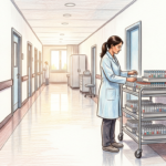 Illustration of a hospital laboratory corridor with a technician beside a cart of specimen tubes