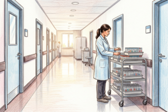 Illustration of a hospital laboratory corridor with a technician beside a cart of specimen tubes