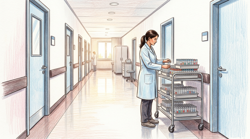Illustration of a hospital laboratory corridor with a technician beside a cart of specimen tubes
