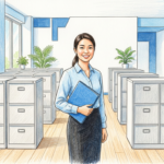 Illustration of a benefits administrator standing among filing cabinets holding a closed folder