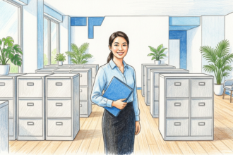 Illustration of a benefits administrator standing among filing cabinets holding a closed folder