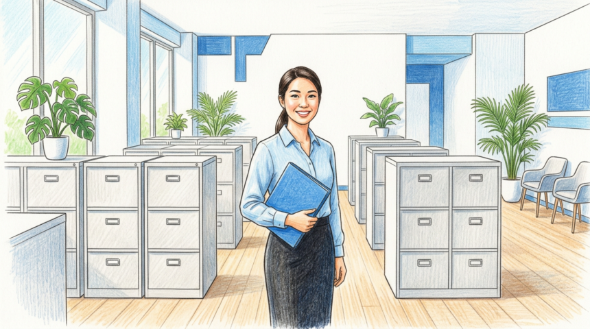 Illustration of a benefits administrator standing among filing cabinets holding a closed folder