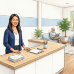Illustration of a clinic reception desk with a coordinator and a stack of sealed envelopes