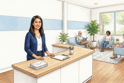Illustration of a clinic reception desk with a coordinator and a stack of sealed envelopes