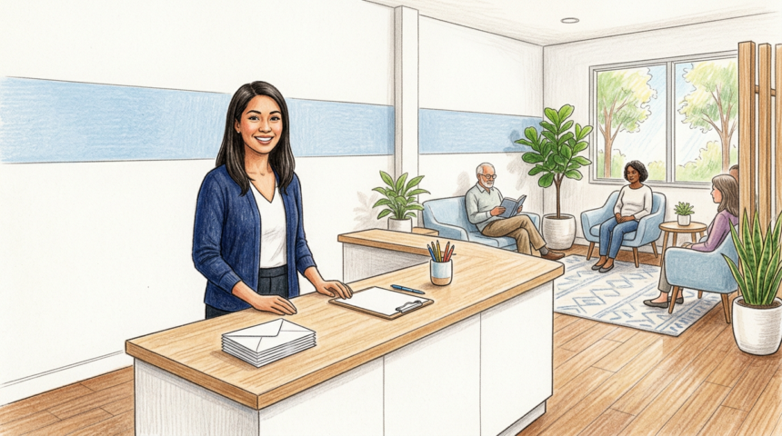 Illustration of a clinic reception desk with a coordinator and a stack of sealed envelopes