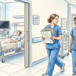 Illustration of nurses carrying paper charts through a hospital ward with monitors switched off