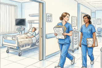 Illustration of nurses carrying paper charts through a hospital ward with monitors switched off