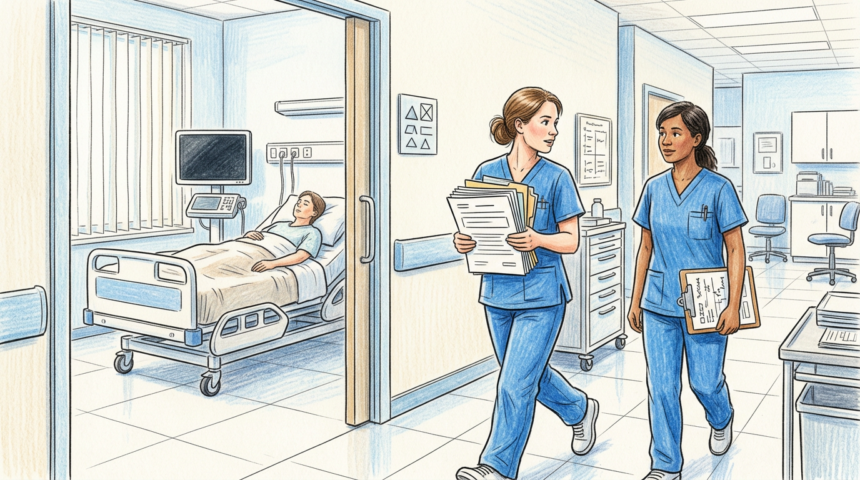 Illustration of nurses carrying paper charts through a hospital ward with monitors switched off