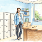 Hand-drawn illustration of a health plan office with filing cabinets and a key on a desk