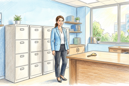 Hand-drawn illustration of a health plan office with filing cabinets and a key on a desk