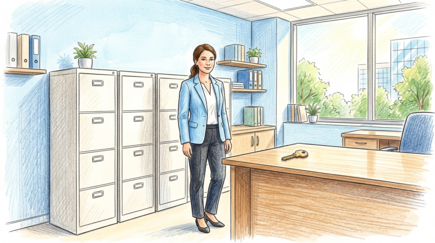 Hand-drawn illustration of a health plan office with filing cabinets and a key on a desk