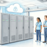 Hand-drawn illustration of hospital IT staff beside server cabinets with a cloud and padlock